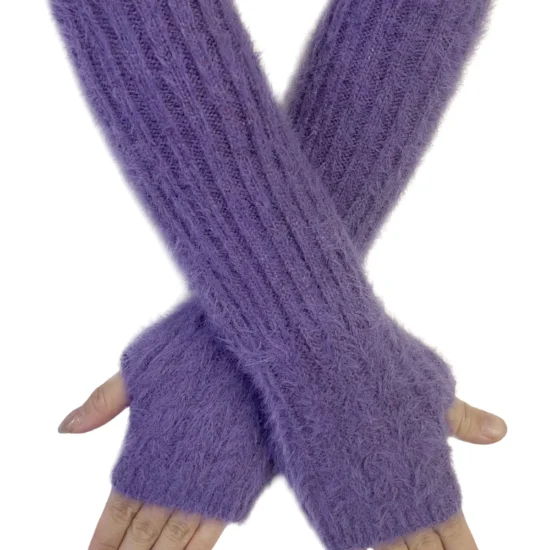 Plain Fluffy Wool Blend Knitted Arm Warmer Ladies Gloves - Lilac