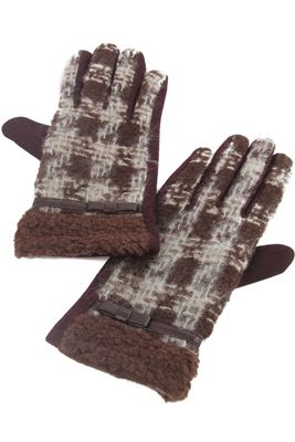 Brown Crinkle Yarn Tartan Ladies Gloves