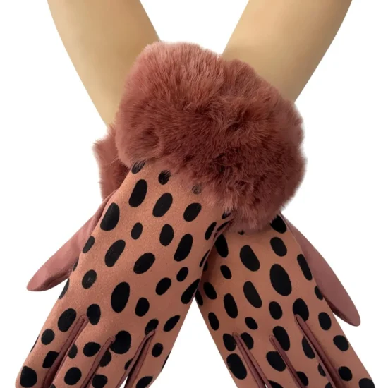 Pink Blush Faux Fur Trim Dalmatian Spot Print Suede Touchscreen Ladies Gloves