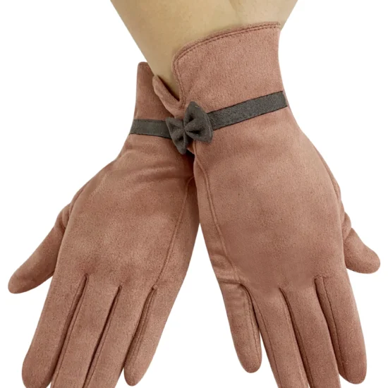 Suede Effect Touchscreen Gloves With Contrast Bow - Blush Pink