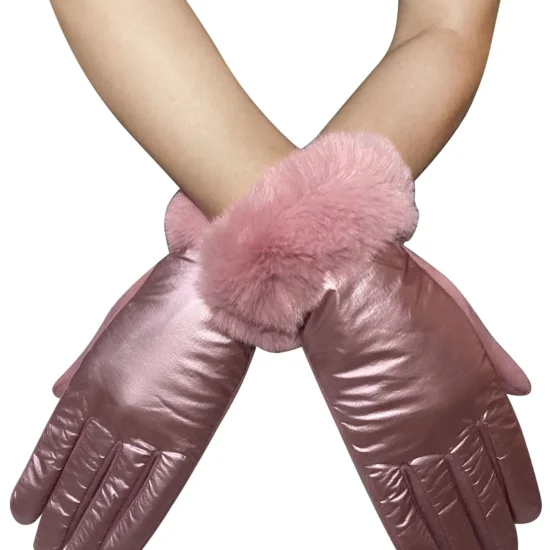 Pink Metallic Faux Fur Trim Touchscreen Ladies Gloves